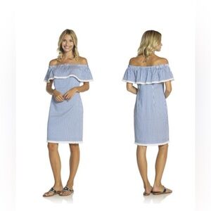 Sail to Sable Blue and White Off-Shoulder Dress